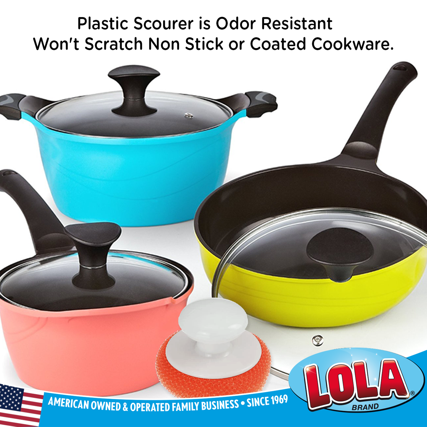 Plastic Mesh Scourer with Hand Saver Knob, won't scratch