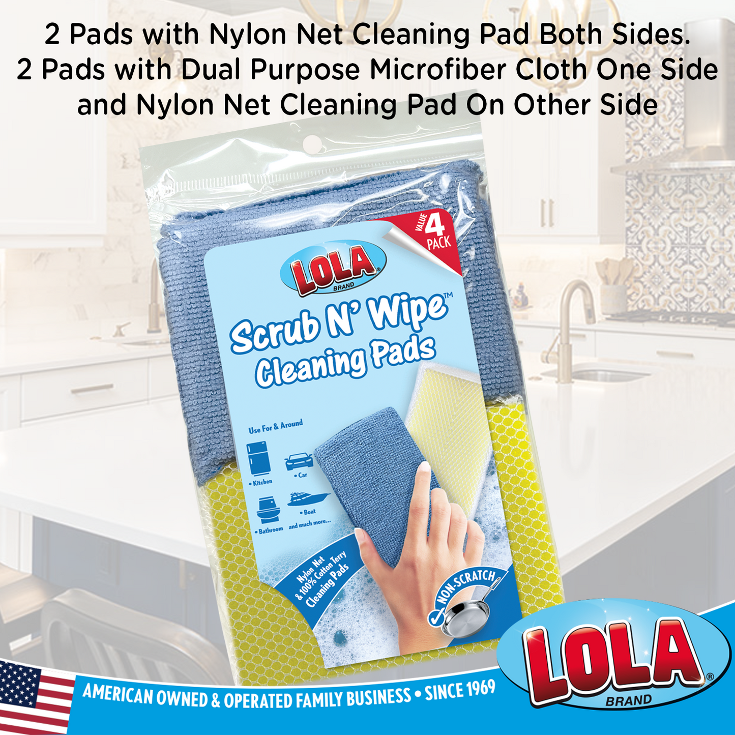 Lola Products Microfiber & Nylon Net Sponges: 2 Dual Sided Nylon Net Sponge Pads, Non-Scratch and 2-Sided Cleaning Sponge Pads, 4 Pack Combo